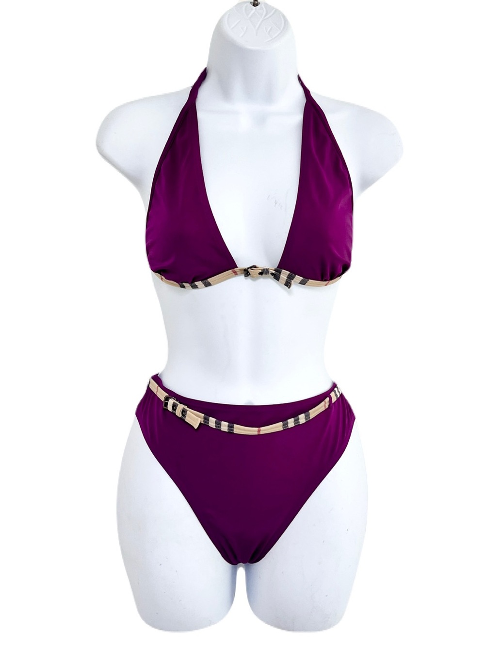 Vintage Burberry Plum Purple Nova Check Trim String 2-Piece Bikini, Size L